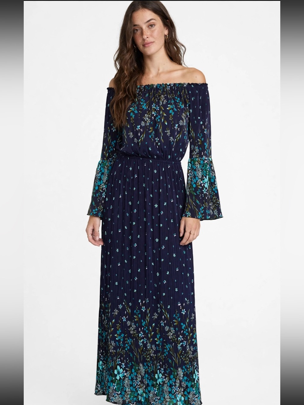 Ace Fashion | Boho Off-Shoulder Navy Floral Maxi Dress with Bell Sleeves